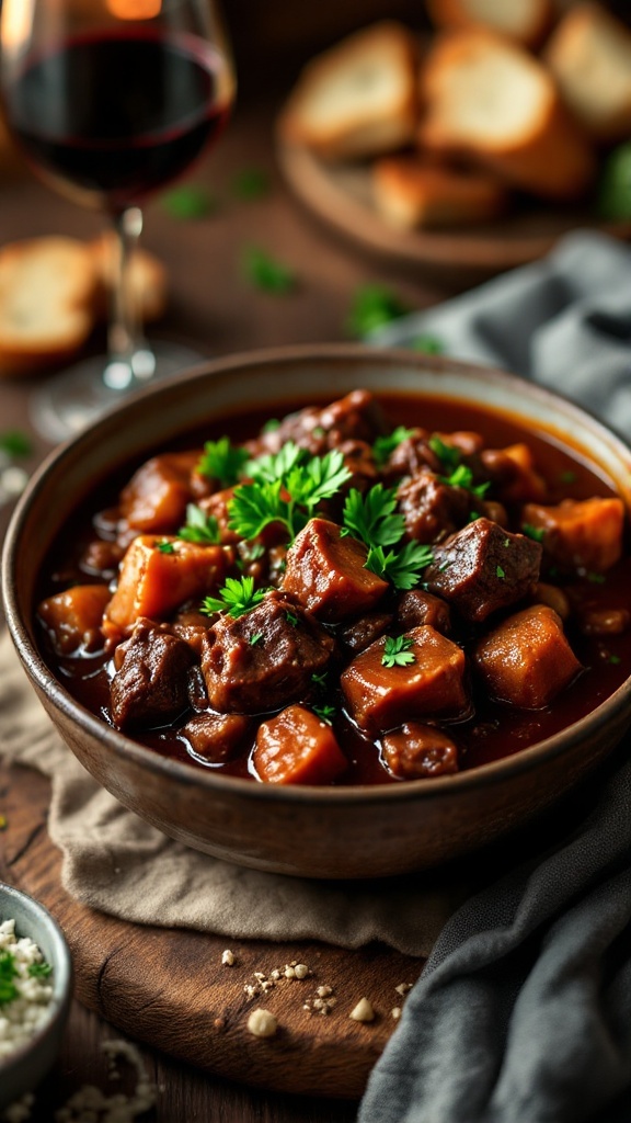 A bowl of beef bourguignon with chunks of beef in red wine sauce garnished with parsley, served with crusty bread.